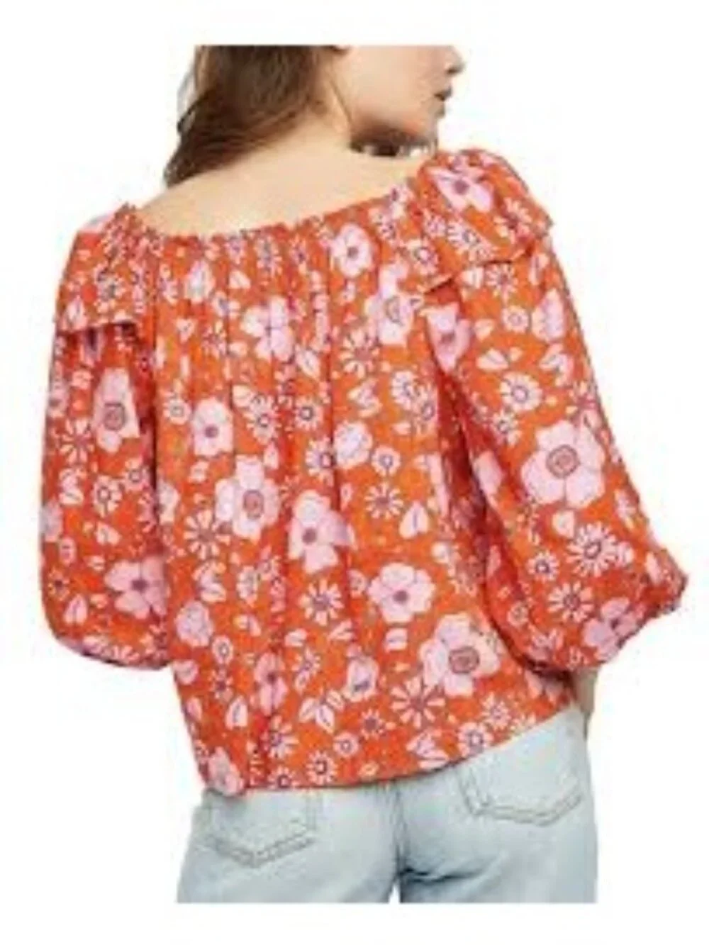 Free People Orange and Pink Floral Ruffle Off the Shoulder Flowy Cotton Top Size